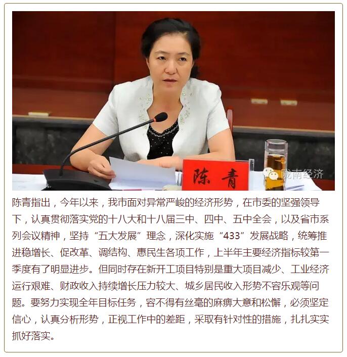 陳青在市政府全體會(huì)議上強(qiáng)調(diào)：緊盯一個(gè)目標(biāo)抓好九大任務(wù)落實(shí)強(qiáng)化三項(xiàng)保障，確保全市經(jīng)濟(jì)社會(huì)持續(xù)快速發(fā)展